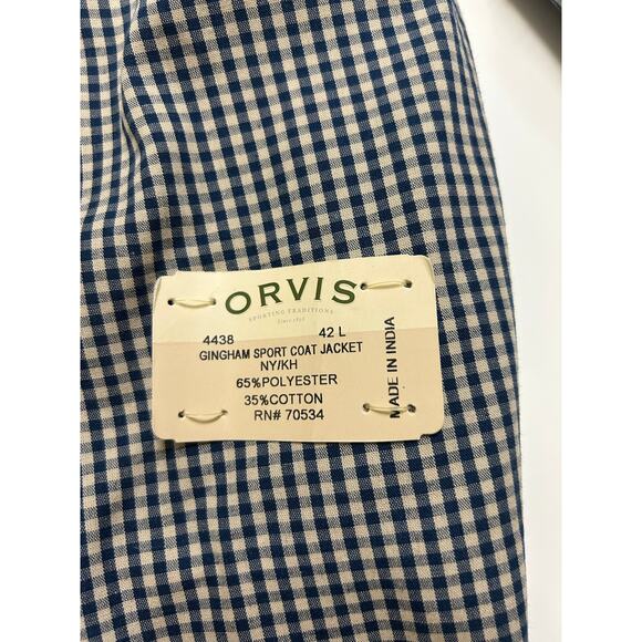 Orvis Gingham Sport Coat Jacket Navy Khaki Check 42L Classic Blazer Cotton Blend - Picture 6 of 8